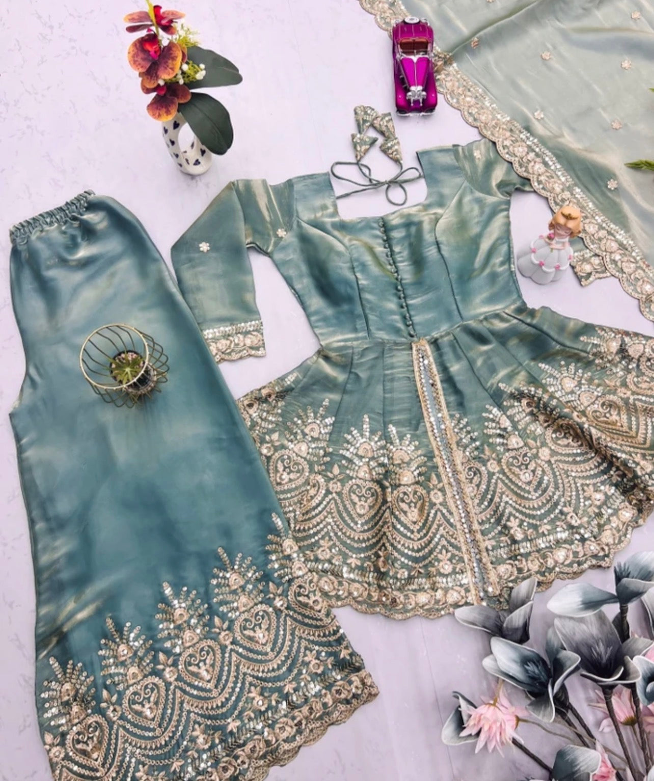 Sequinned Kurta With Sharara and Dupatta