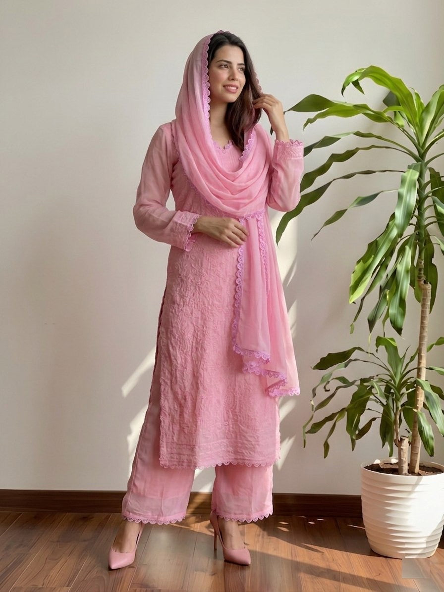 Pastel Pink Georgette Chikankari Embroidery kurta with pant & Dupatta For Women
