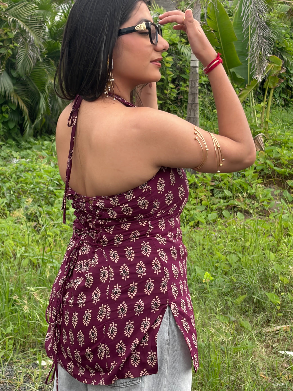 Maroon Black Print Halter Neck Short Kurti With Corset Back