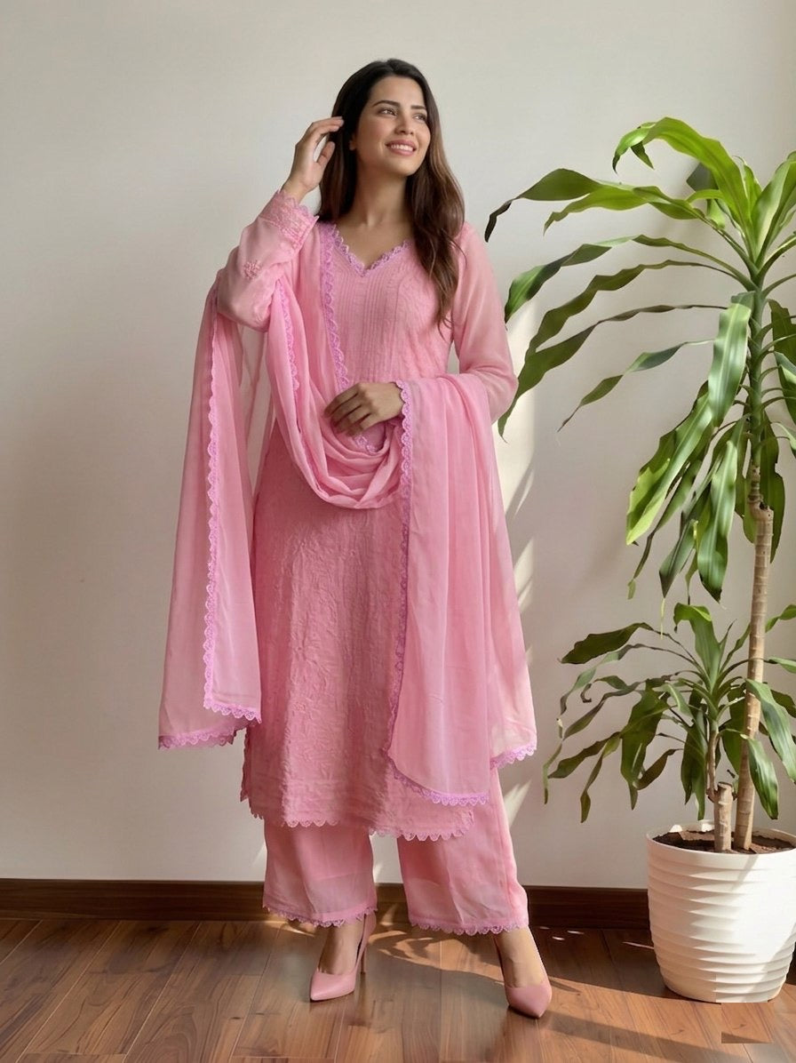 Pastel Pink Georgette Chikankari Embroidery kurta with pant & Dupatta For Women