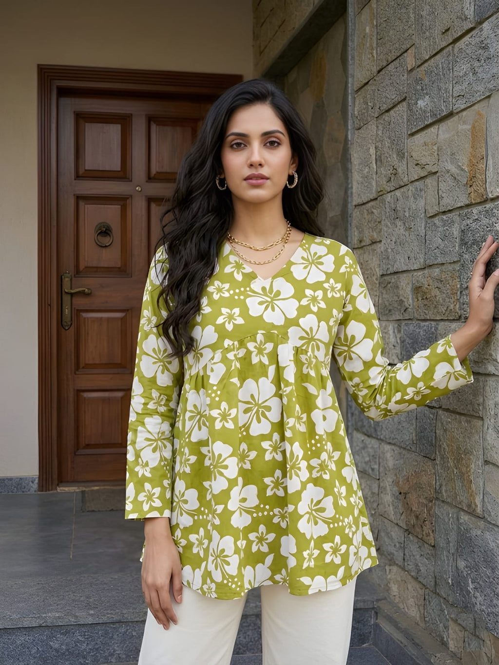 Lime Green  White Short Kurti