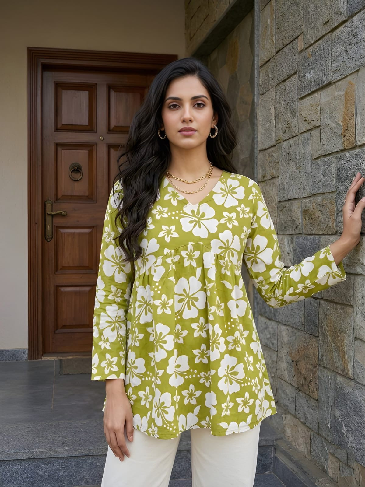 Lime Green  White Short Kurti