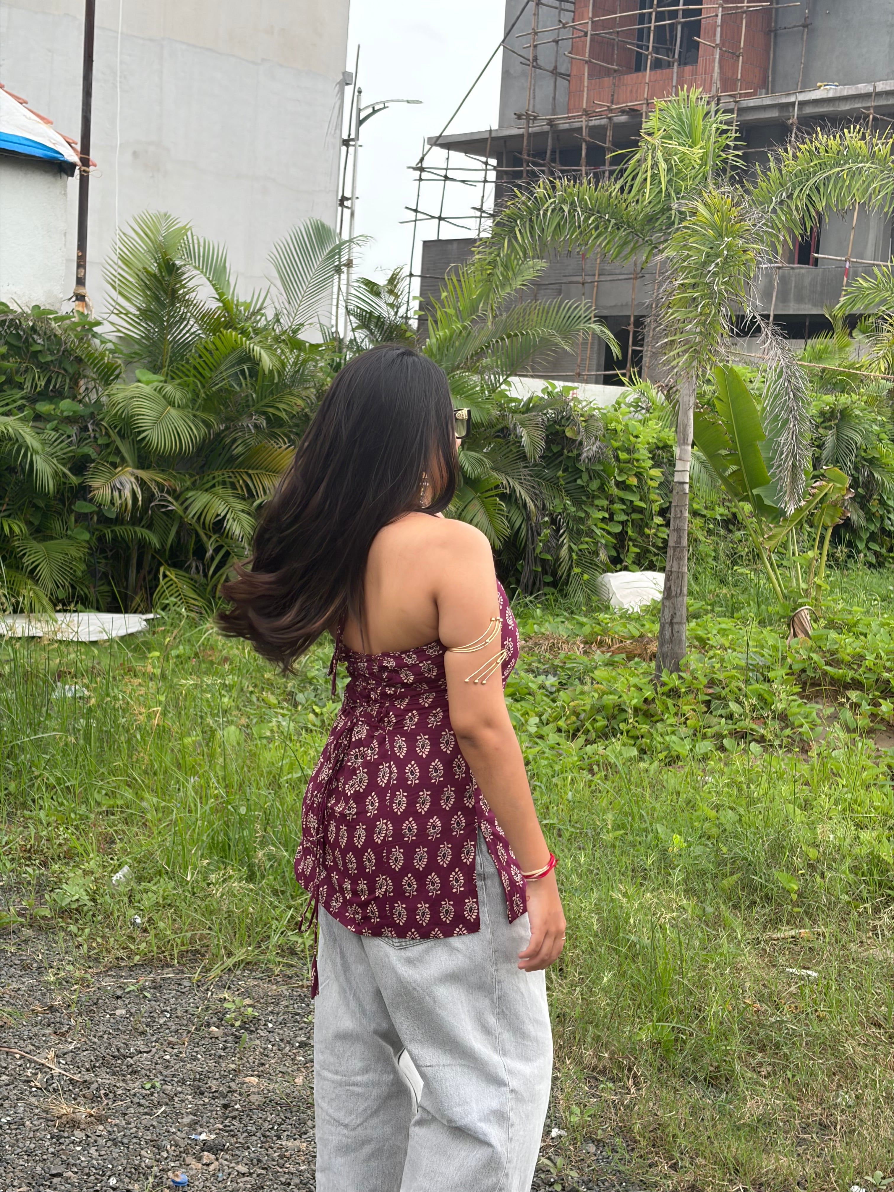 Maroon Black Print Halter Neck Short Kurti With Corset Back