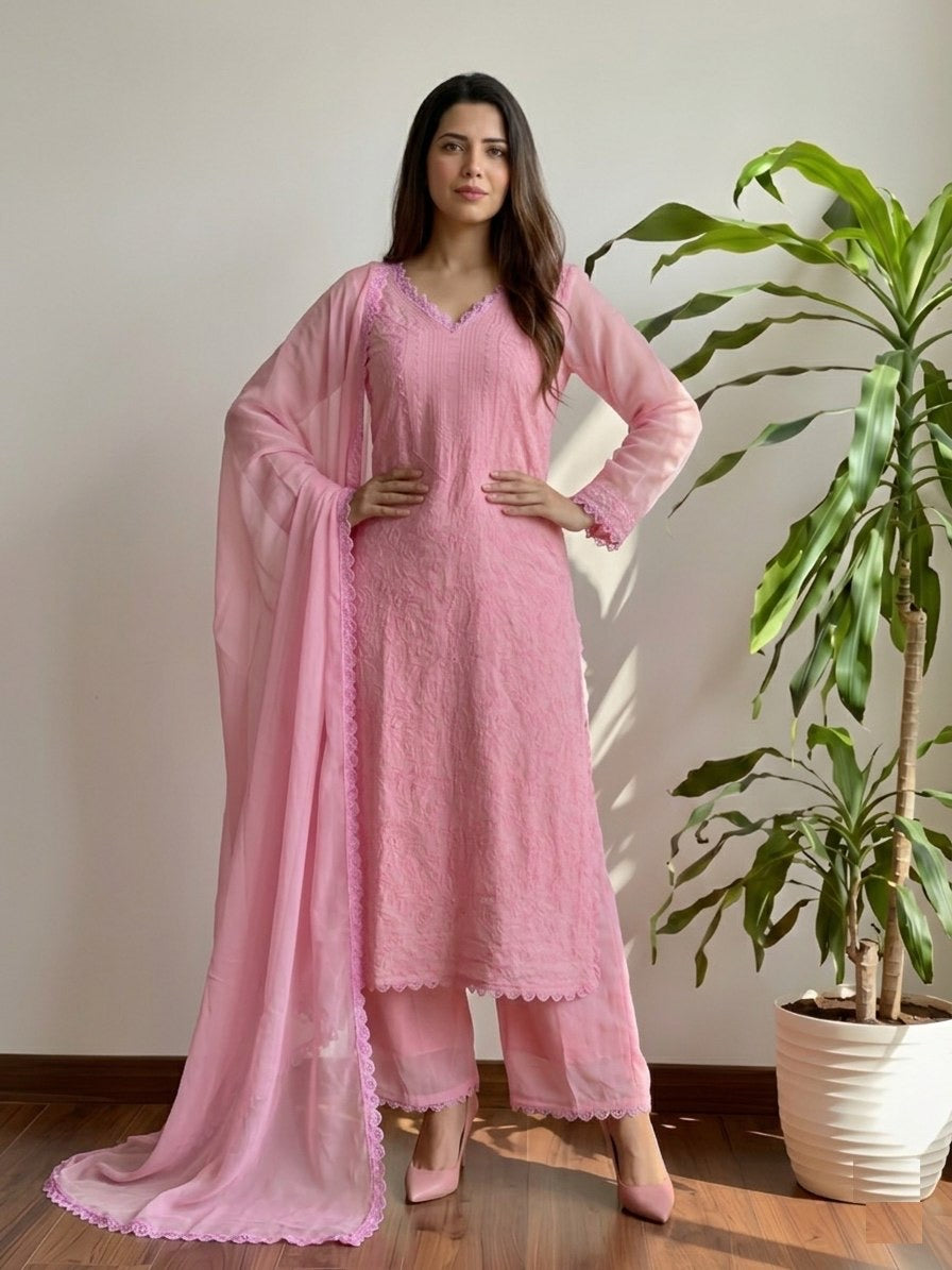 Pastel Pink Georgette Chikankari Embroidery kurta with pant & Dupatta For Women