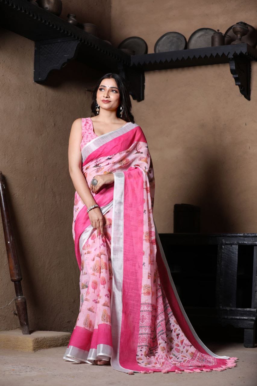 Blush Pink Handwoven Linen Saree
