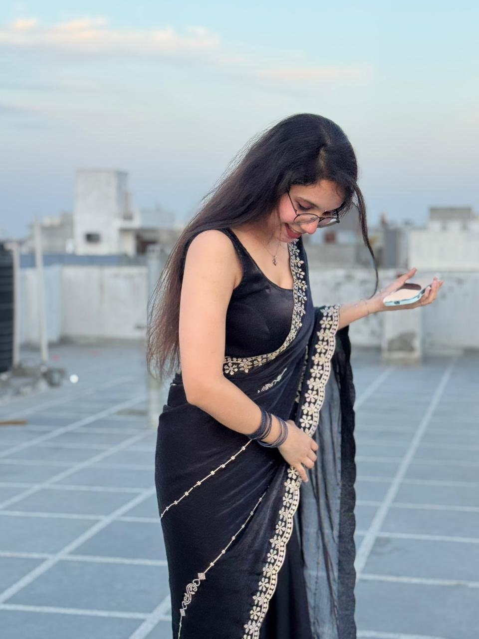 Black Elegant Saree with Gold diamonds