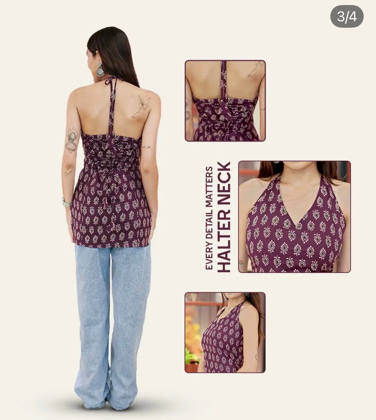 Maroon Black Print Halter Neck Short Kurti With Corset Back