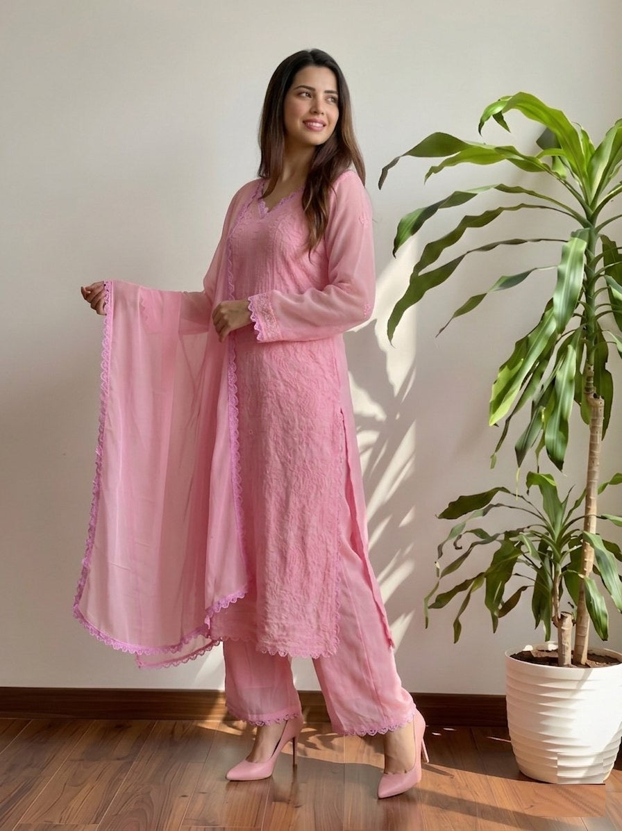 Pastel Pink Georgette Chikankari Embroidery kurta with pant & Dupatta For Women