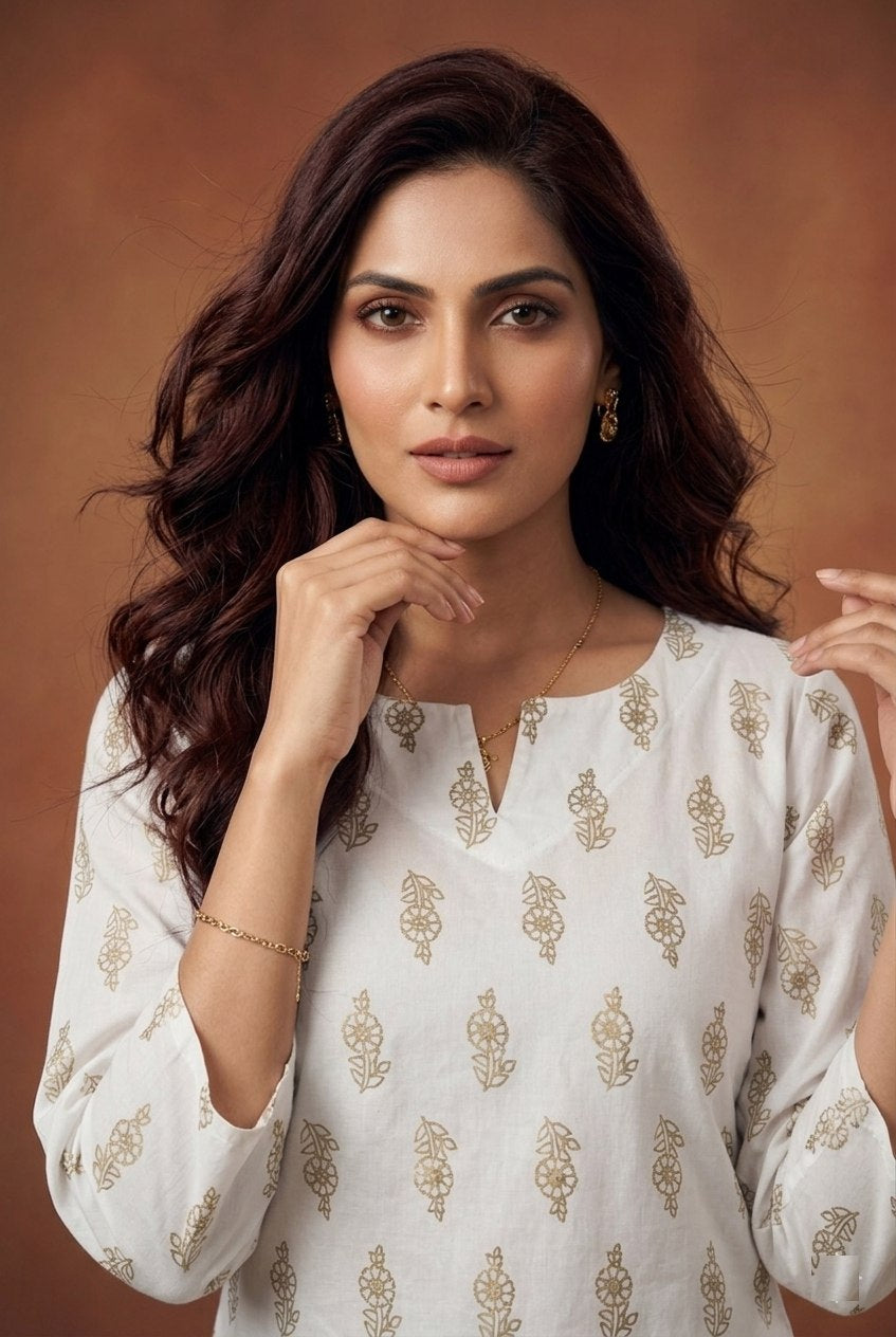 Off white foil printed kurti