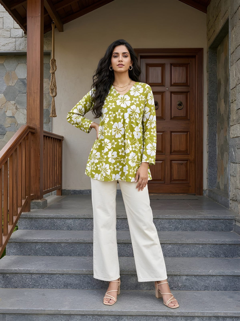 Lime Green  White Short Kurti