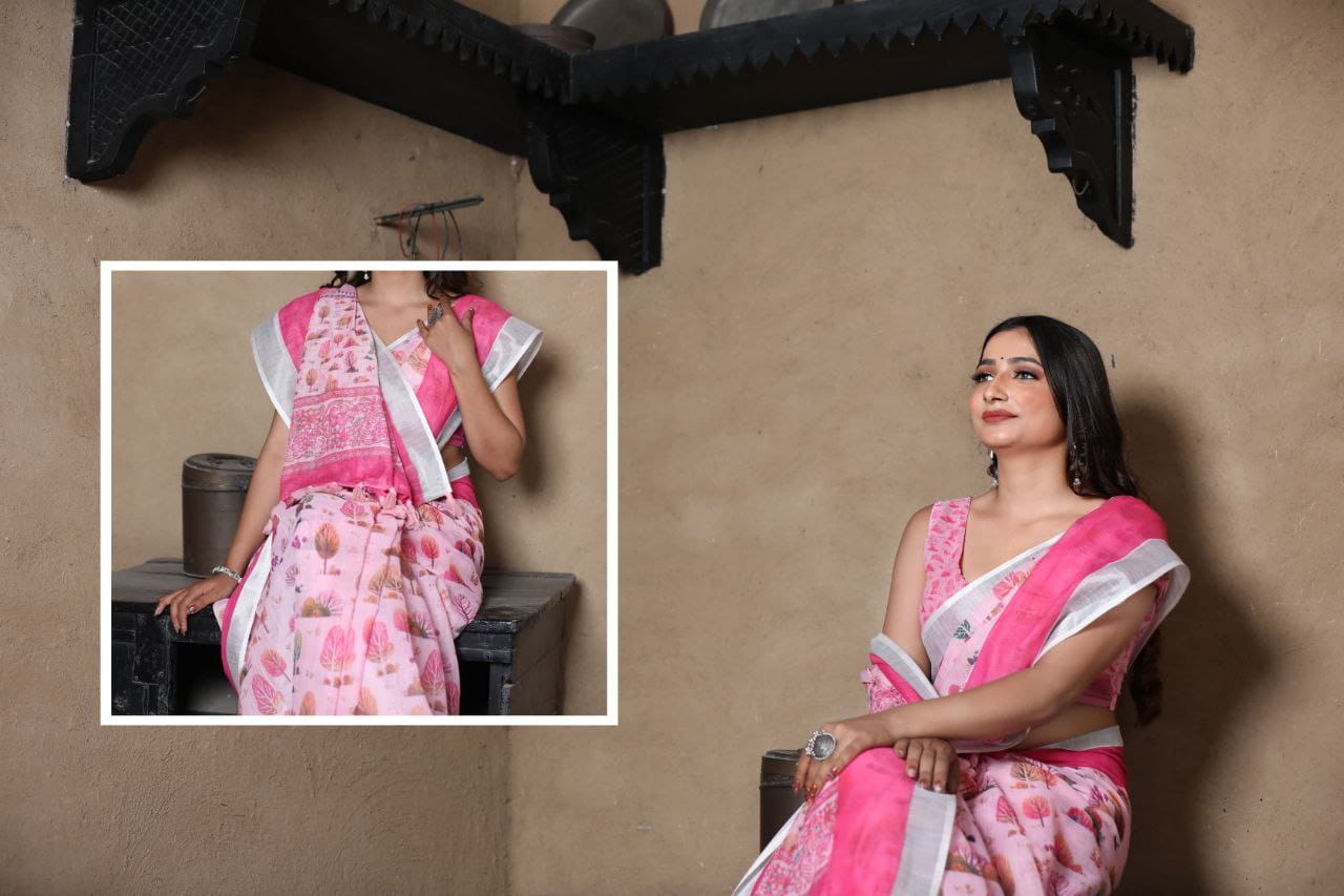 Blush Pink Handwoven Linen Saree