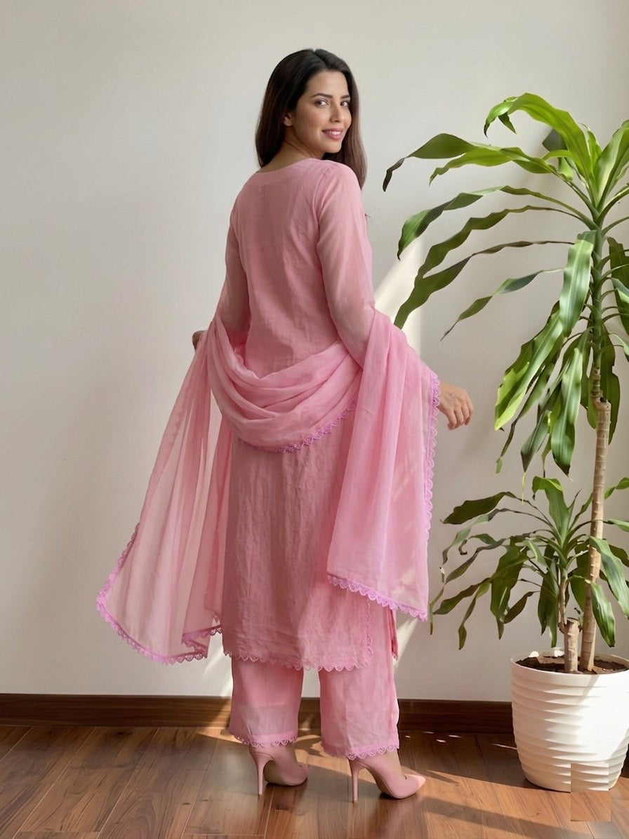 Pastel Pink Georgette Chikankari Embroidery kurta with pant & Dupatta For Women
