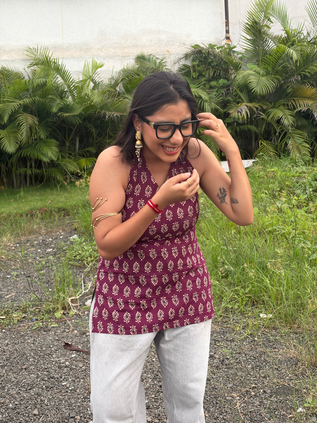 Maroon Black Print Halter Neck Short Kurti With Corset Back