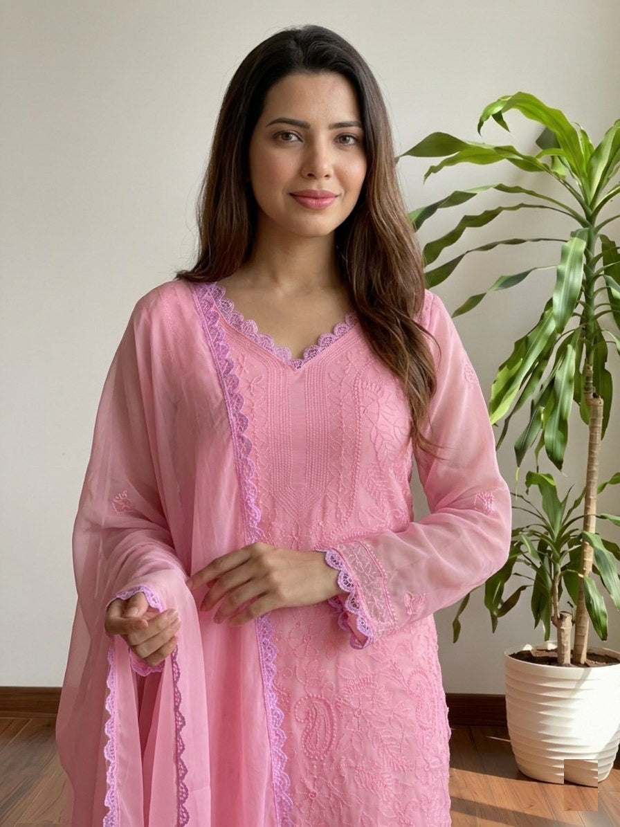 Pastel Pink Georgette Chikankari Embroidery kurta with pant & Dupatta For Women