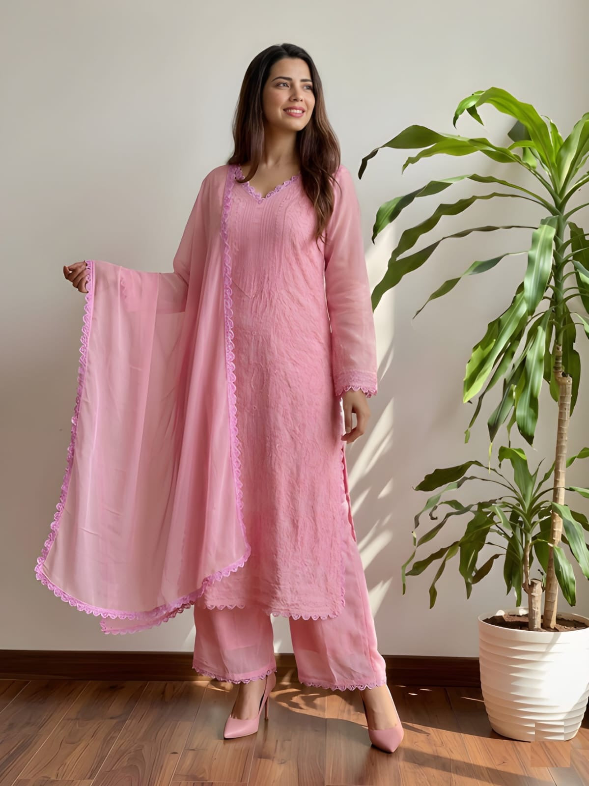 Pastel Pink Georgette Chikankari Embroidery kurta with pant & Dupatta For Women