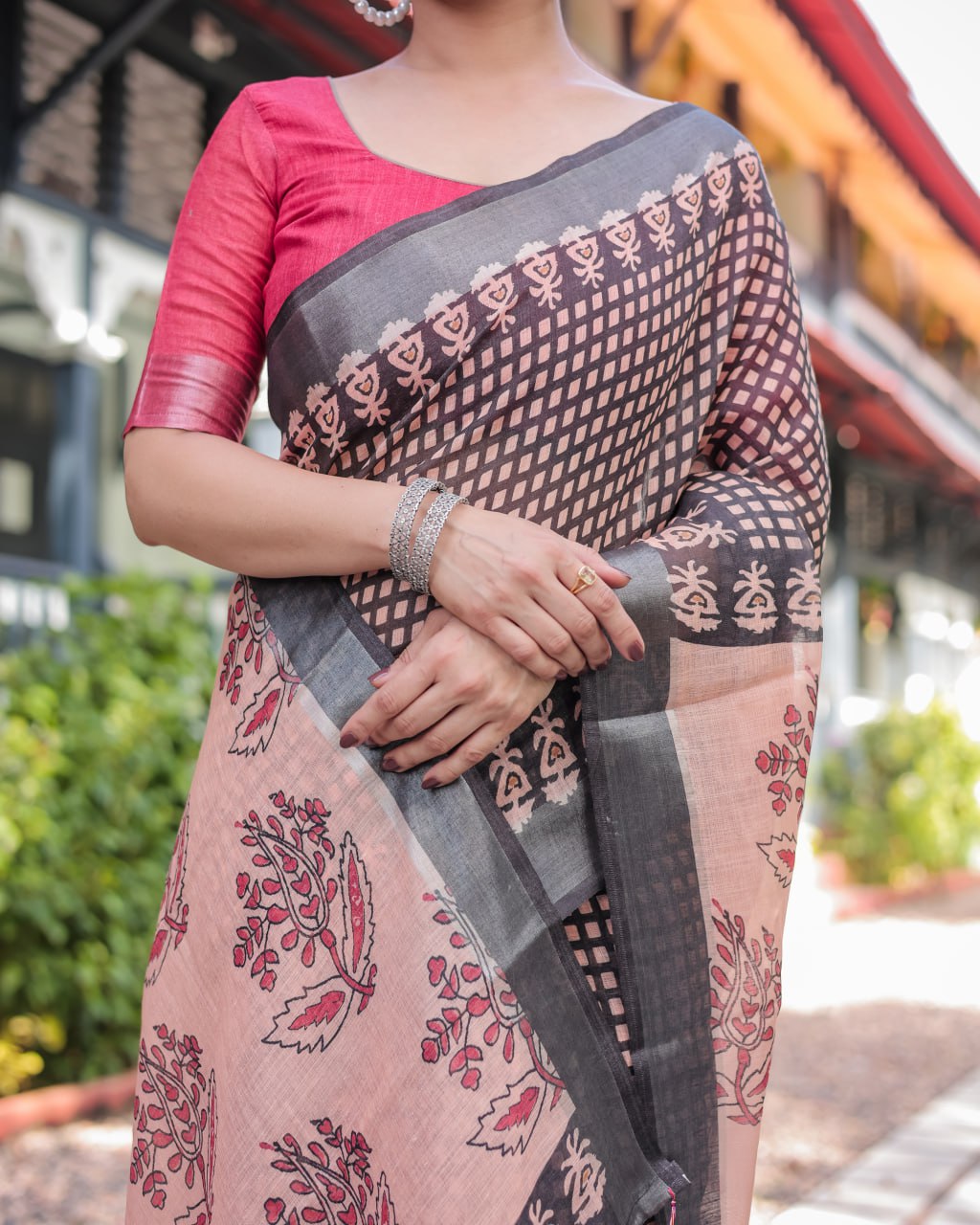 Charcoal Grey Printed Linen Cotton Saree