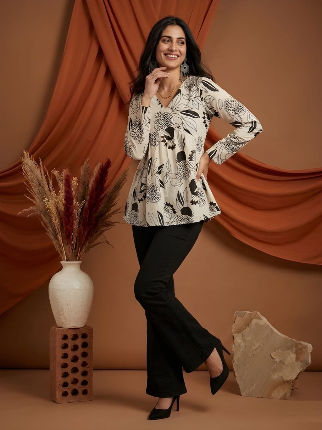 White Printed Flare Short Kurti