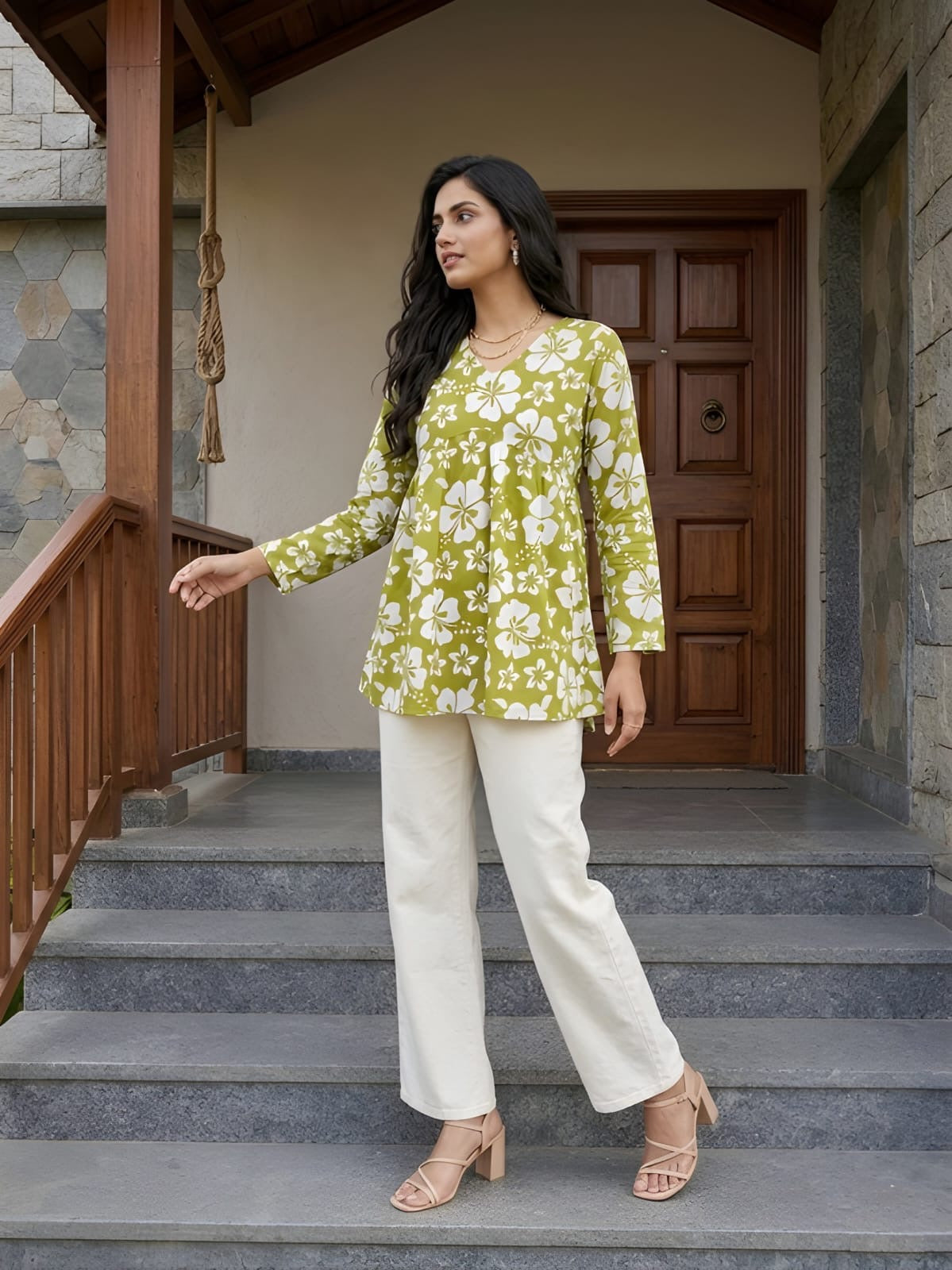 Lime Green  White Short Kurti