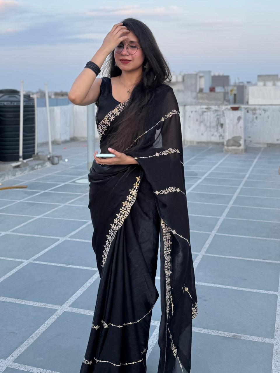 Black Elegant Saree with Gold diamonds