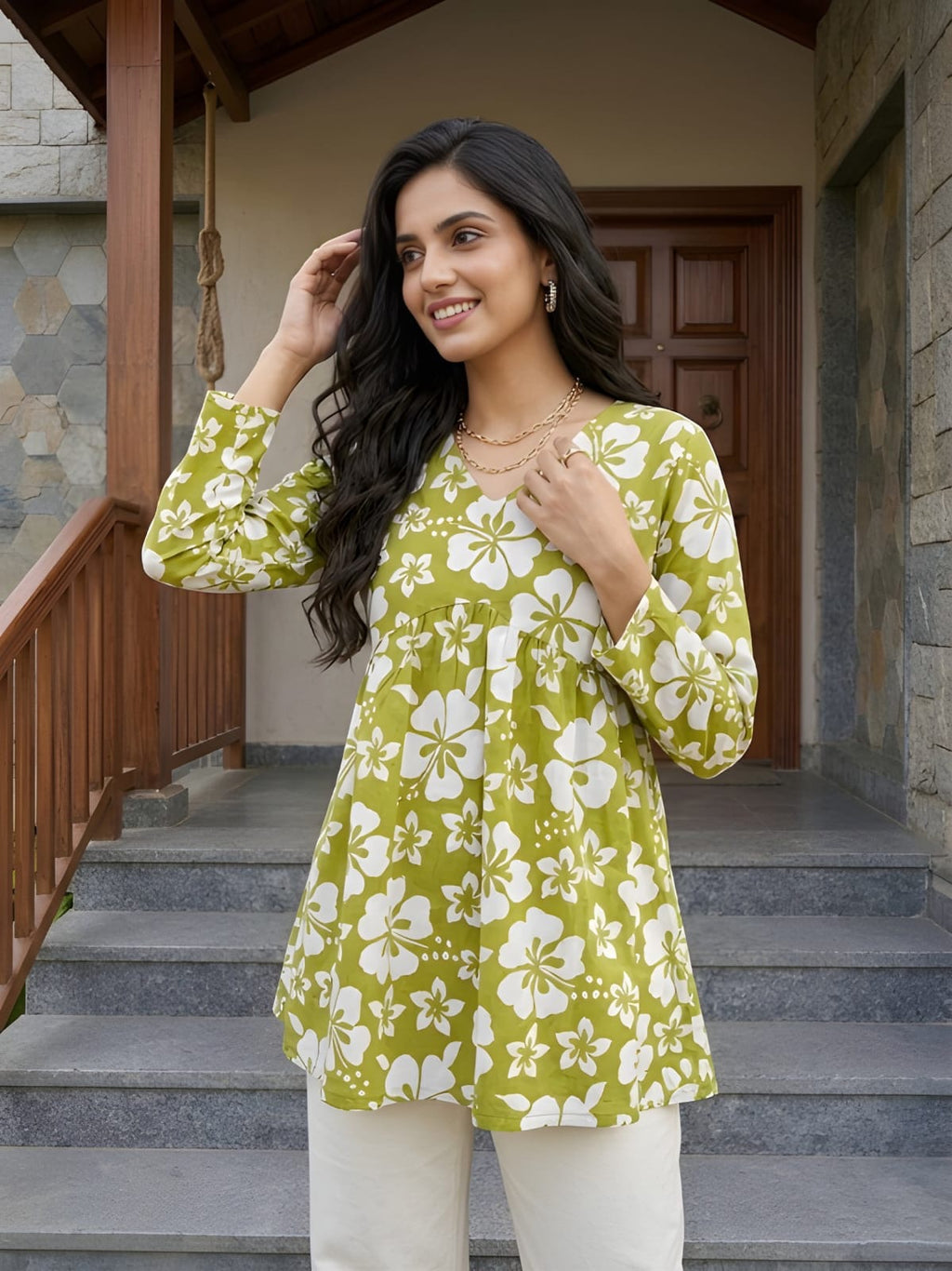 Lime Green  White Short Kurti