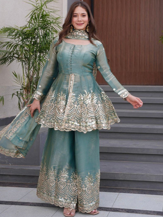 Sequinned Kurta With Sharara and Dupatta