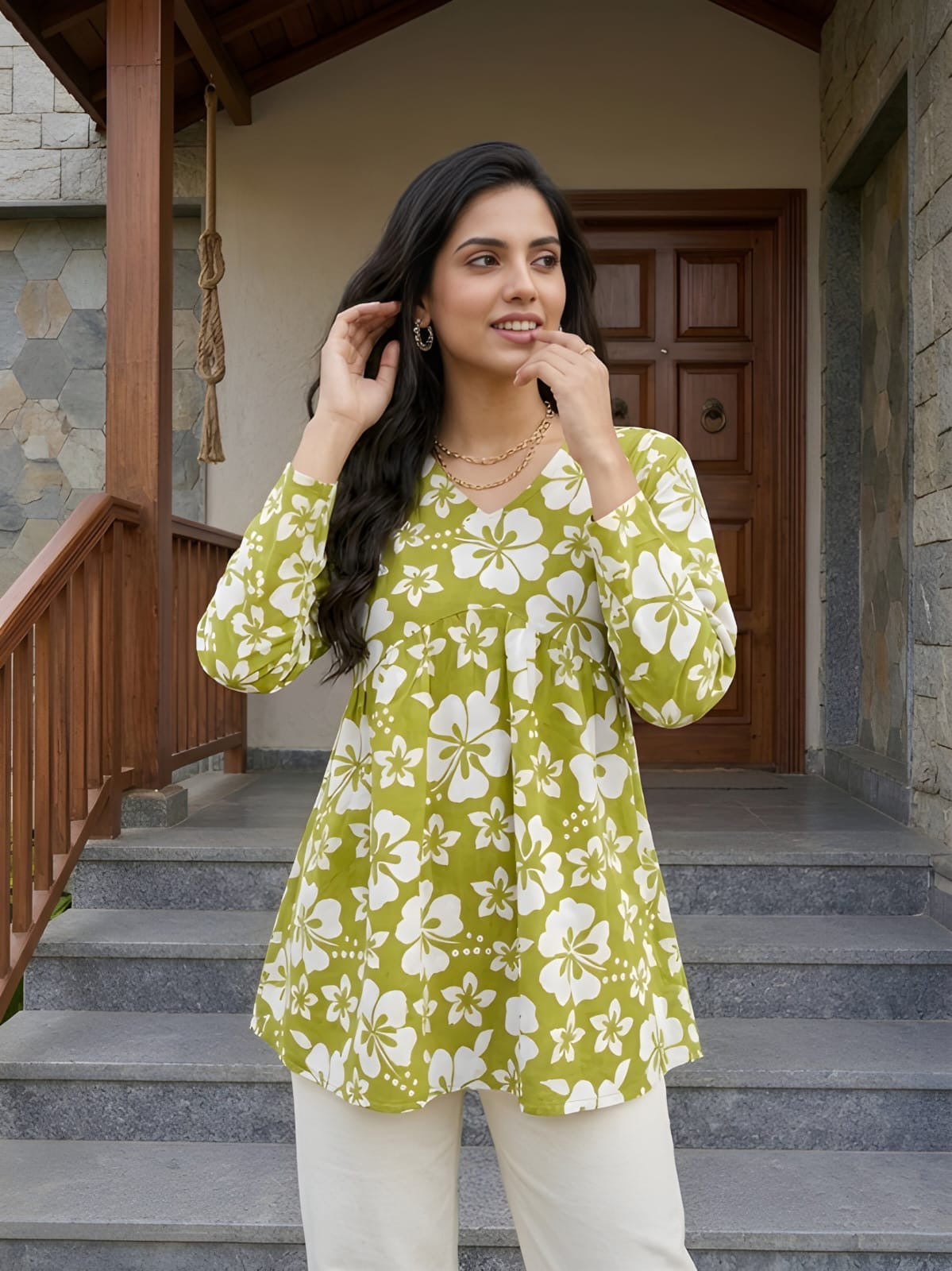 Lime Green  White Short Kurti