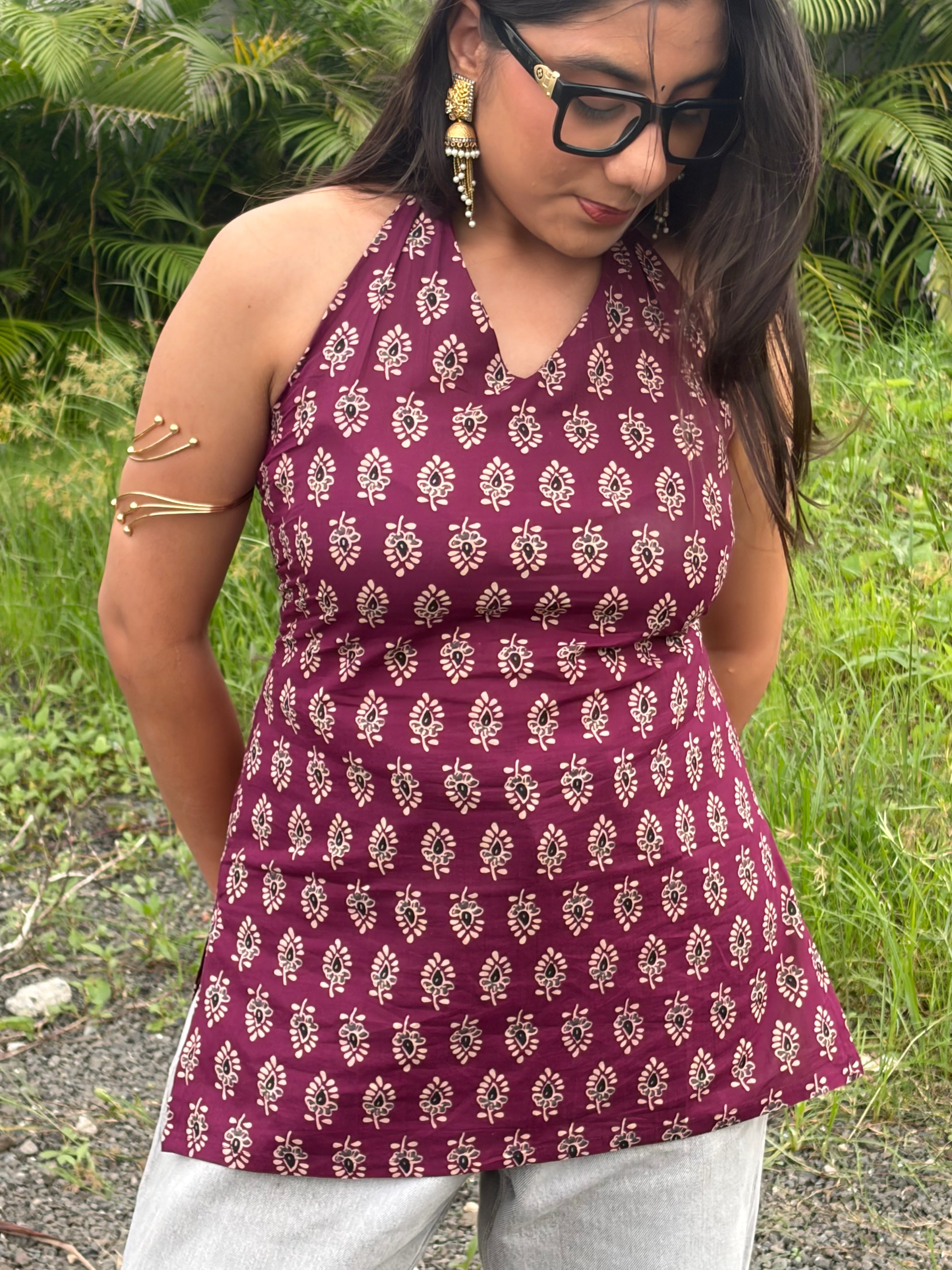 Maroon Black Print Halter Neck Short Kurti With Corset Back