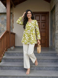 Lime Green  White Short Kurti