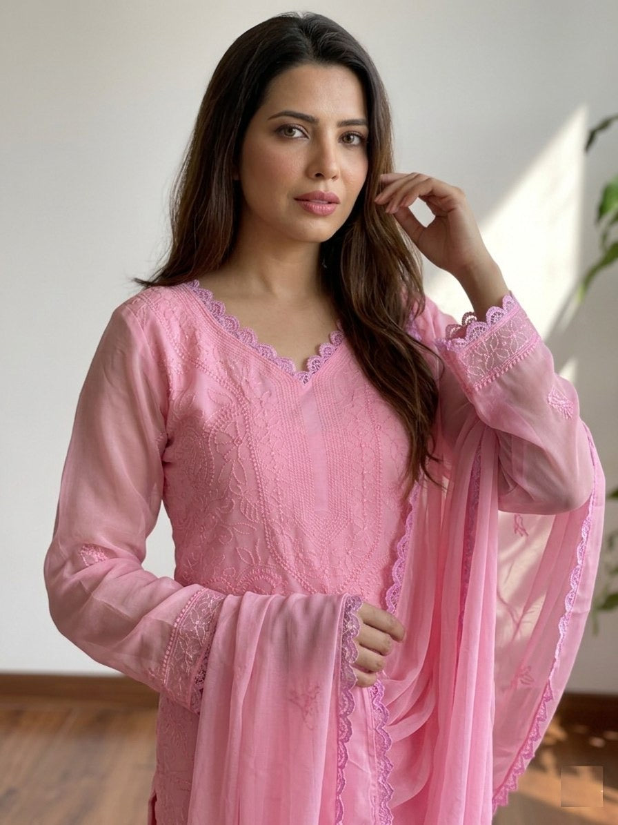 Pastel Pink Georgette Chikankari Embroidery kurta with pant & Dupatta For Women