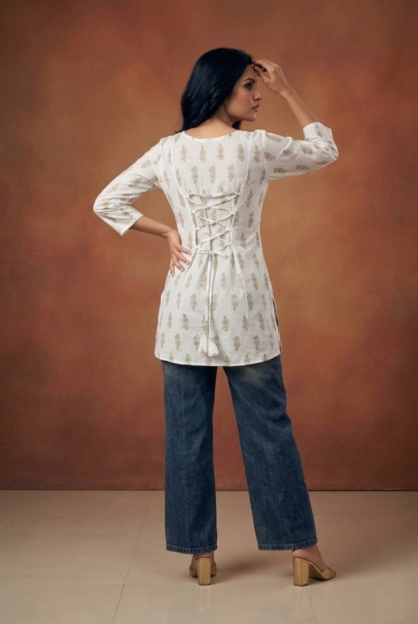 Off white foil printed kurti
