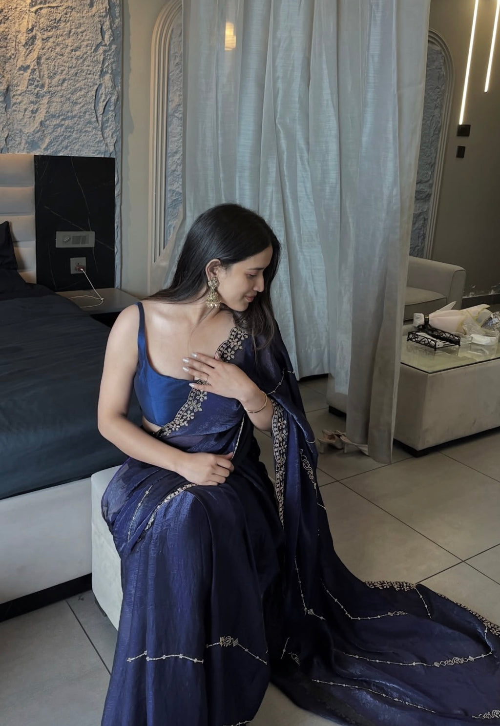 Blue Elegant Saree With diamonds