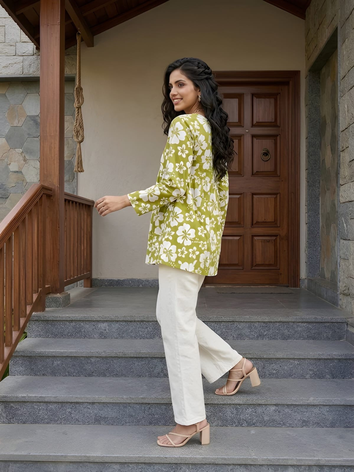 Lime Green  White Short Kurti