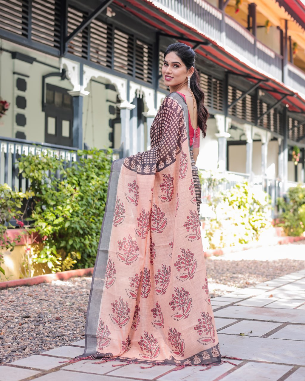 Charcoal Grey Printed Linen Cotton Saree