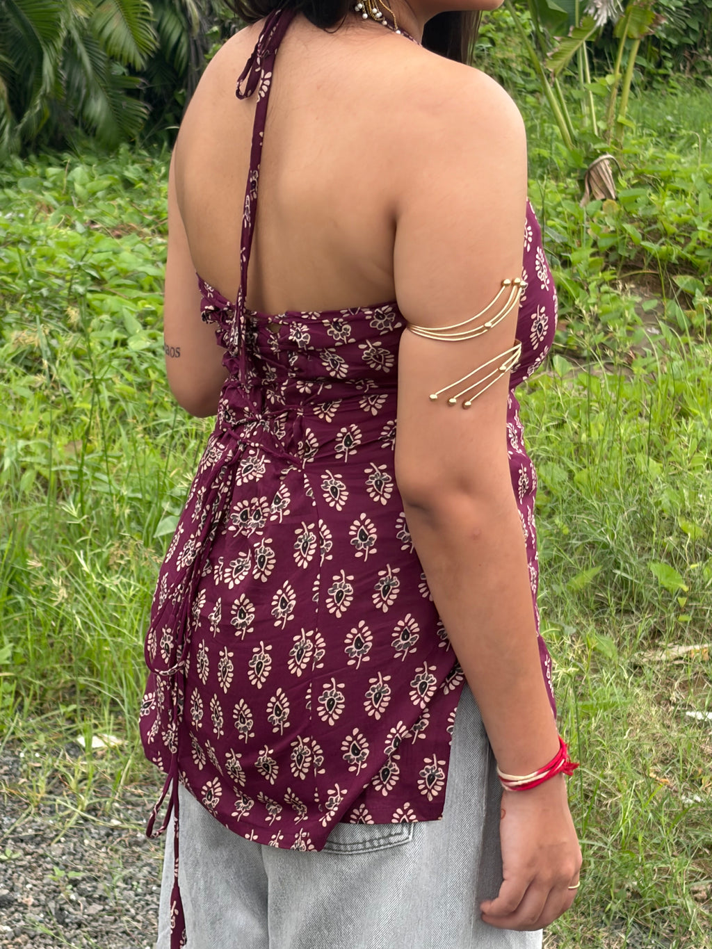 Maroon Black Print Halter Neck Short Kurti With Corset Back