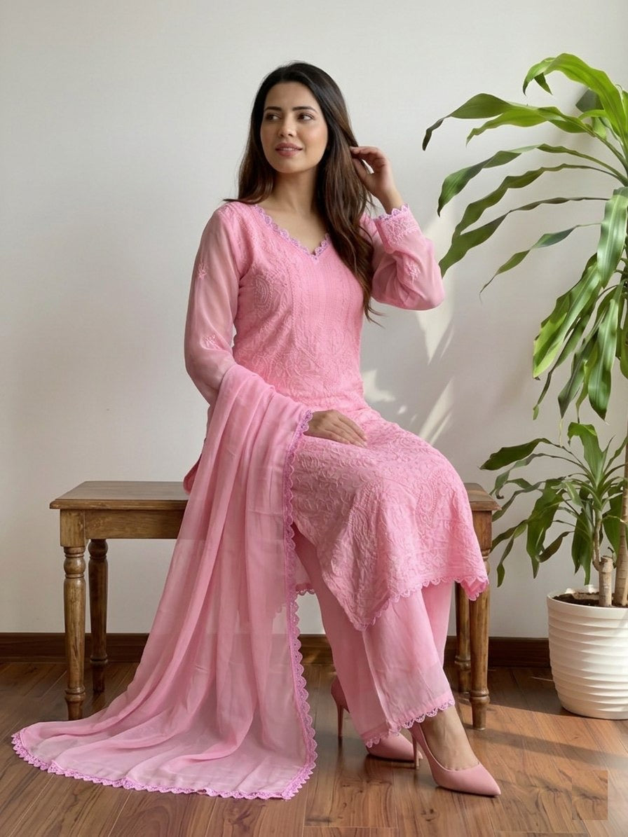 Pastel Pink Georgette Chikankari Embroidery kurta with pant & Dupatta For Women