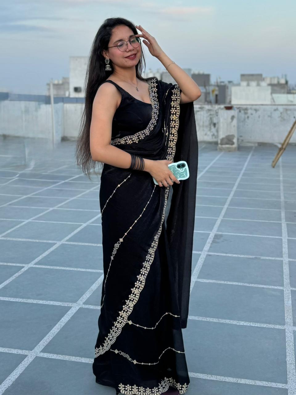 Black Elegant Saree with Gold diamonds