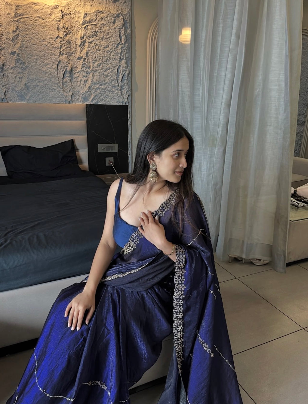 Blue Elegant Saree With diamonds