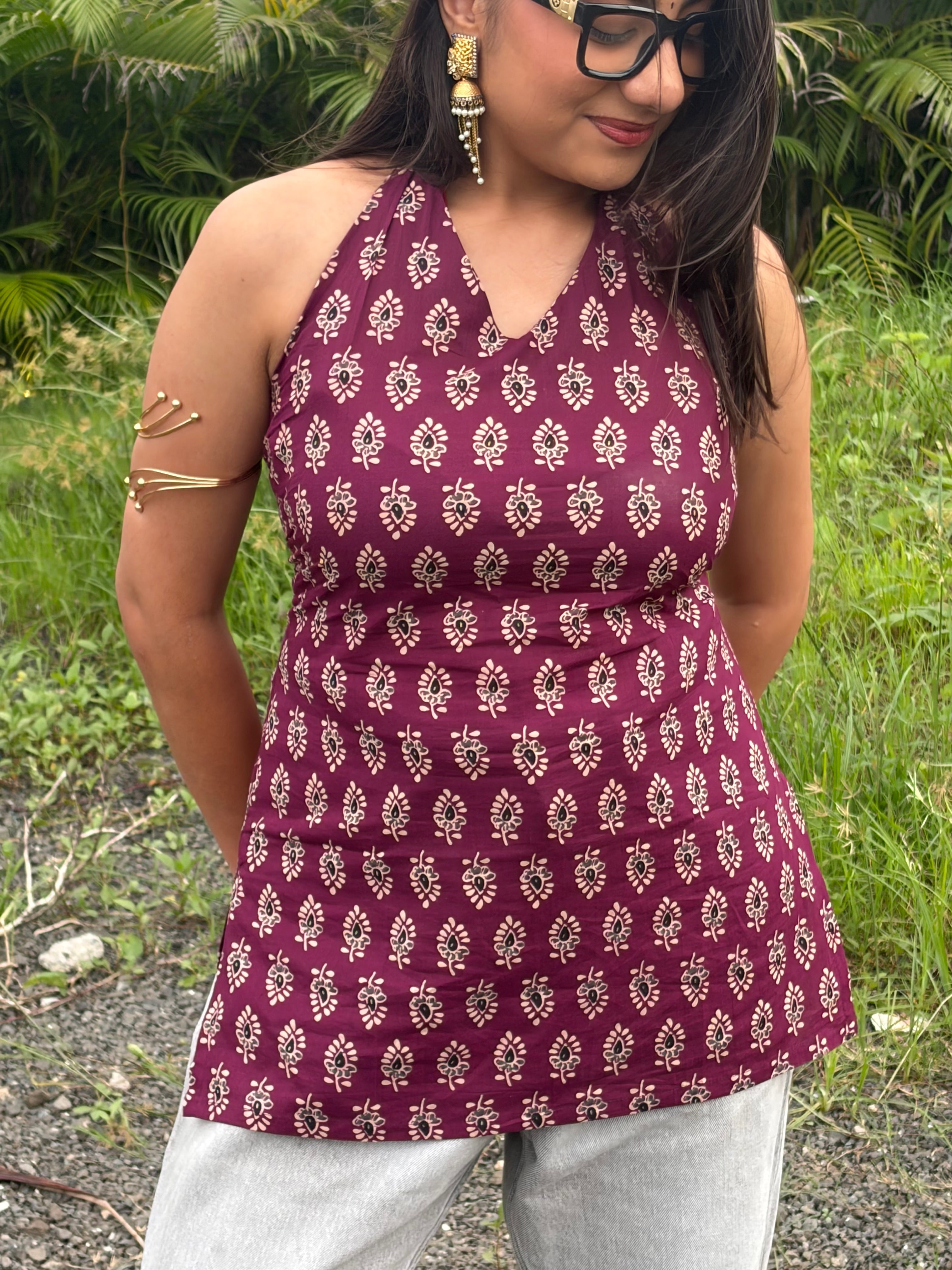 Maroon Black Print Halter Neck Short Kurti With Corset Back