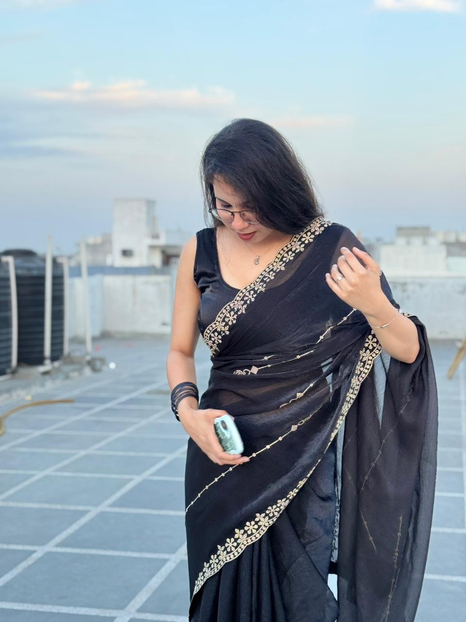 Black Elegant Saree with Gold diamonds