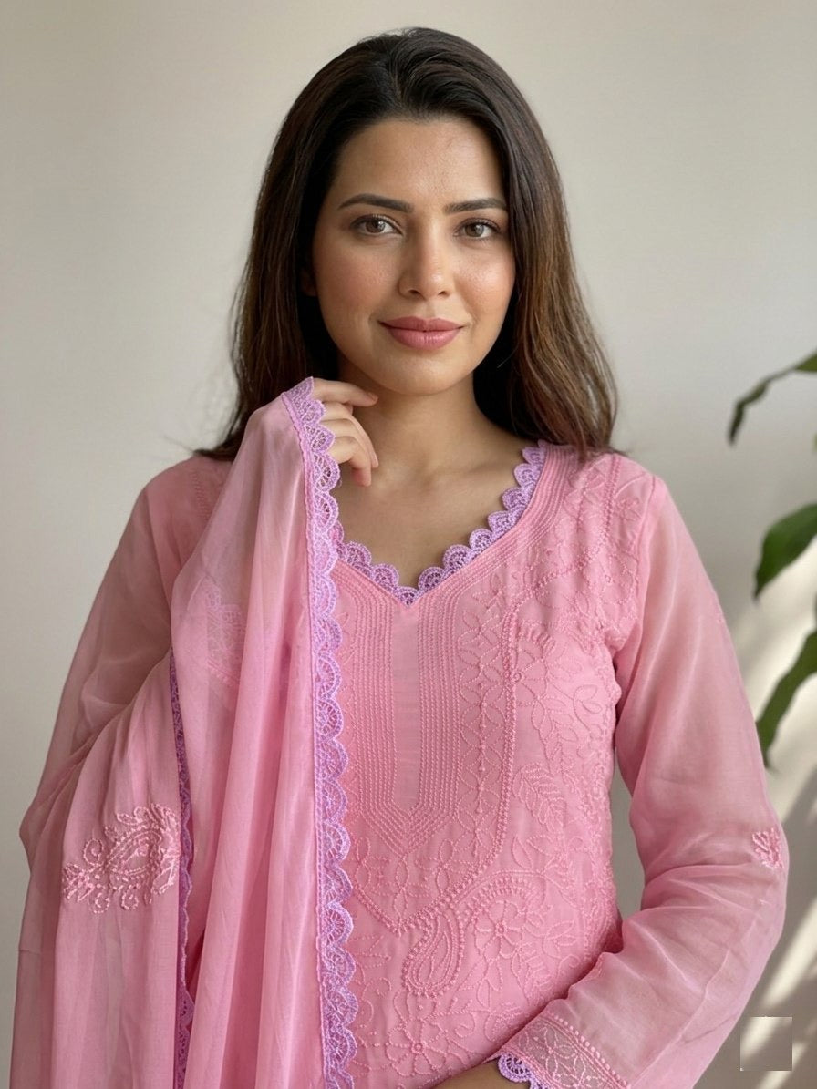 Pastel Pink Georgette Chikankari Embroidery kurta with pant & Dupatta For Women