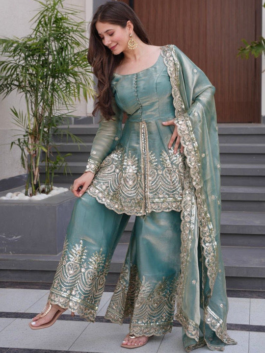 Sequinned Kurta With Sharara and Dupatta
